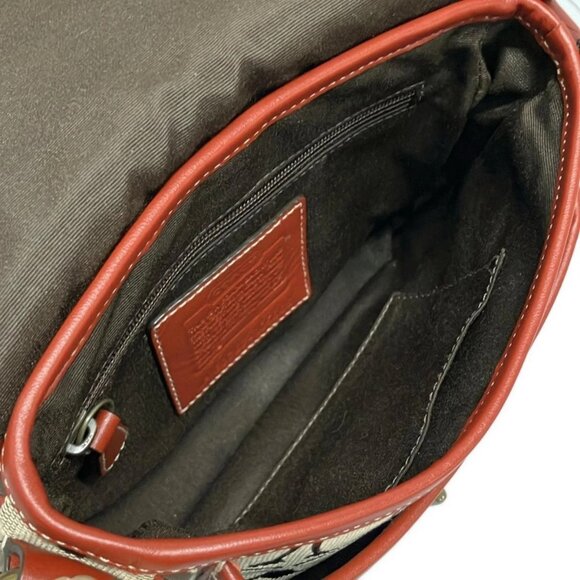 Auth COACH Signature Cricket Shoulder Bag 10566S Khaki Red Jacquard Leather - Picture 15 of 16